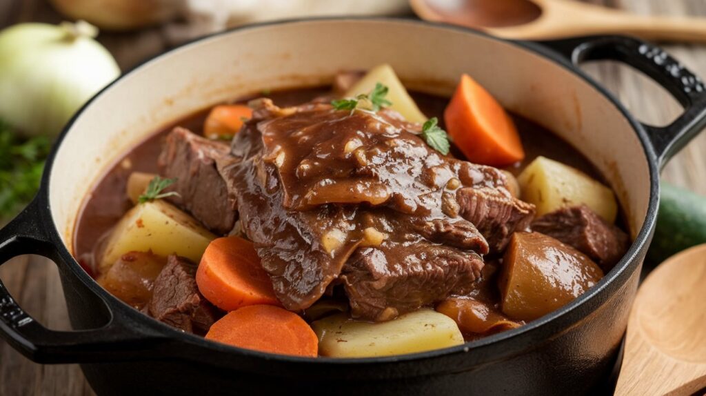 A warm winter one dish meal: beef pot roast with carrots, potatoes, and onions in a cast iron pot, fresh herbs on top.