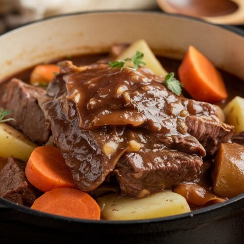 A warm winter one dish meal: beef pot roast with carrots, potatoes, and onions in a cast iron pot, fresh herbs on top.