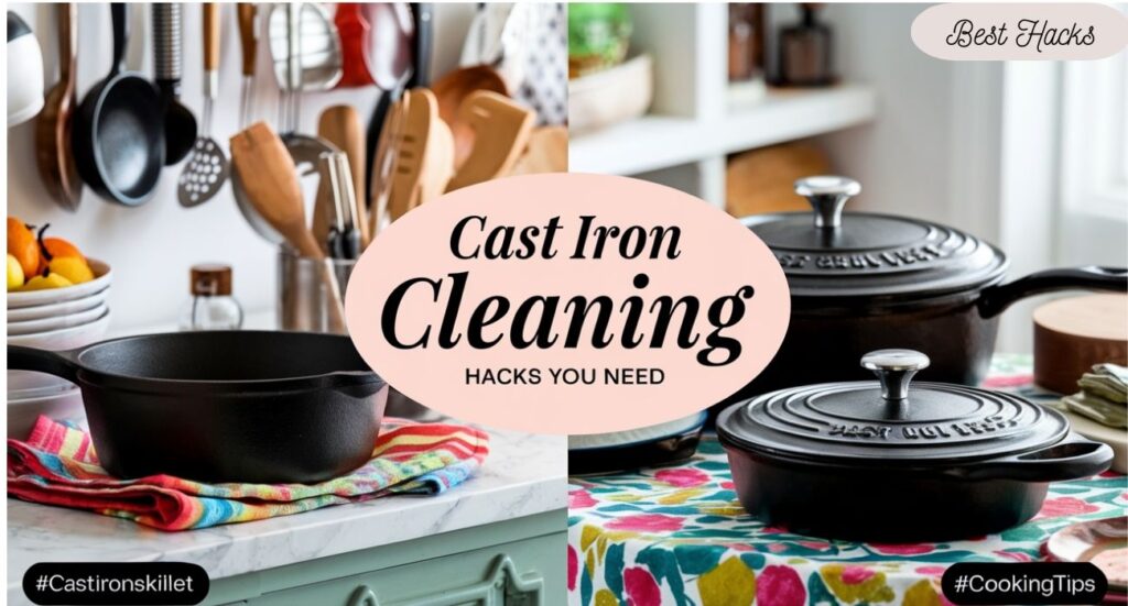 Cozy kitchen scene: two clean cast iron pots on bright towels, showcasing hacks you need for cleaning cast iron.