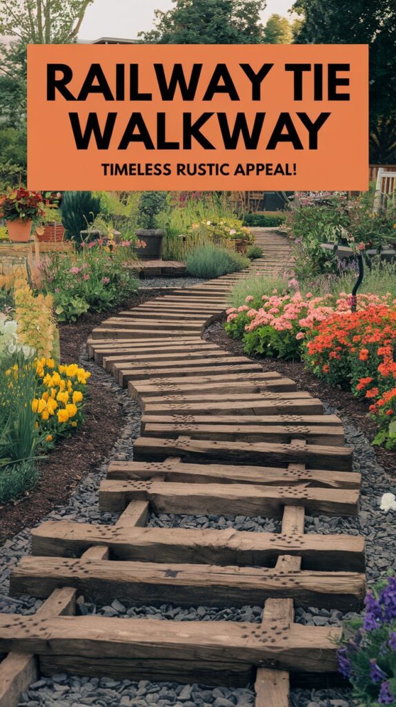 A winding garden path of rustic railway ties in gravel, inspired by 15 budget-friendly DIY walkway ideas, flanked by flowers.