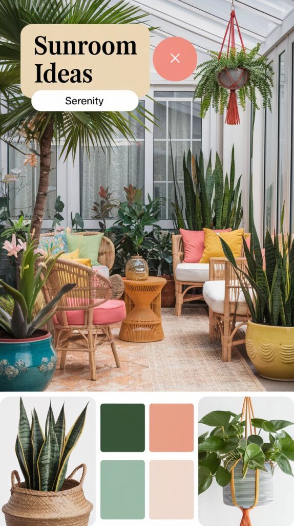Bright sunroom with Perfect Plants and Decor for a Serene Escape; rattan chairs, colorful cushions, and sunny green tones.