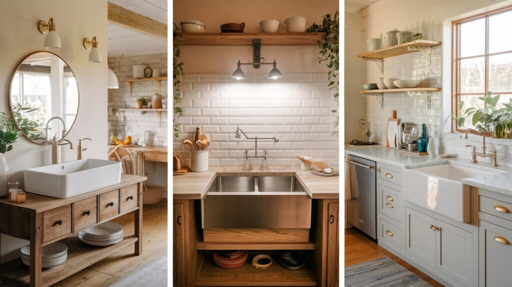 Three panels showcasing 10 Best Kitchen Sinks in modern, rustic kitchens with farmhouse sinks, plants, and open shelving.