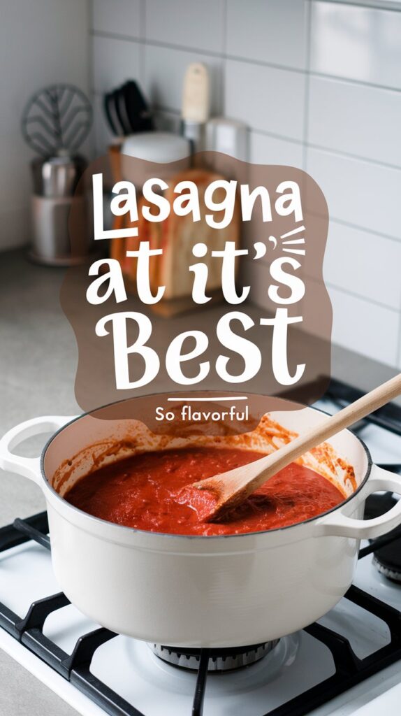 A wooden spoon stirs thick, red sauce in a Dutch oven with text overlay: Classic Italian Lasagna Recipe at its BeSt.