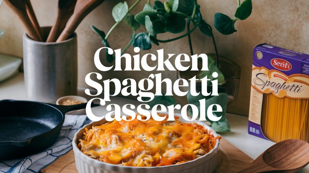Warm Winter One Dish Meals: Baked chicken spaghetti casserole topped with melted cheese, skillet and plants in background.