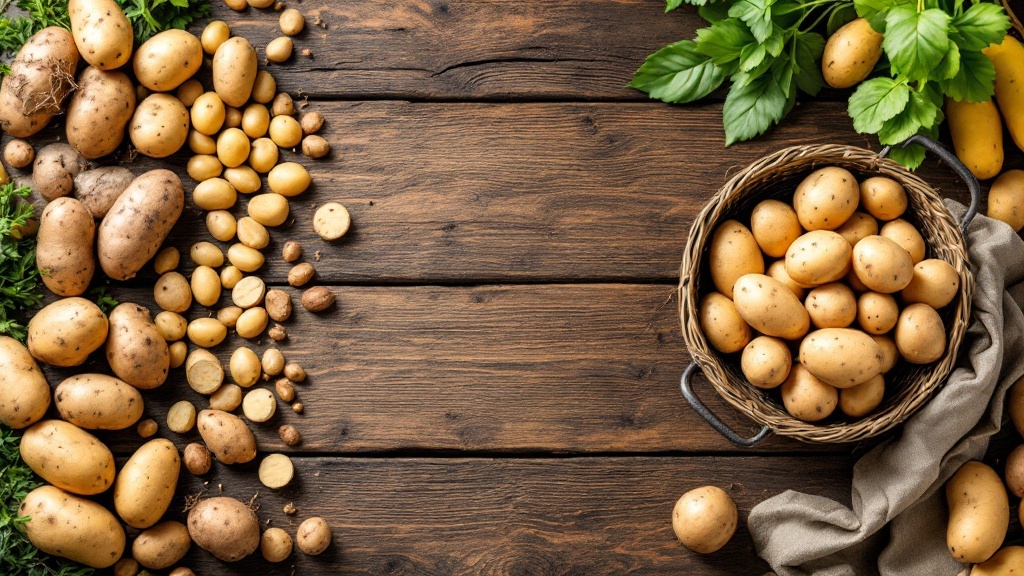A variety of seed potatoes displayed on a wooden surface, showcasing different sizes and types.