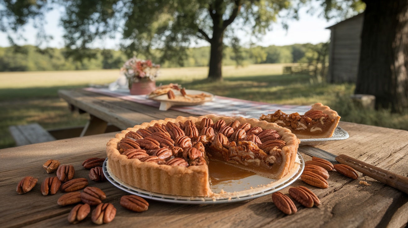 A classic Southern pecan pie with a golden crust and topped with whole pecans.