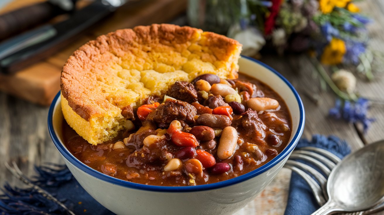 A bowl of chili with beans and meat, topped with golden cornbread, makes for a classic warm winter one dish meal.