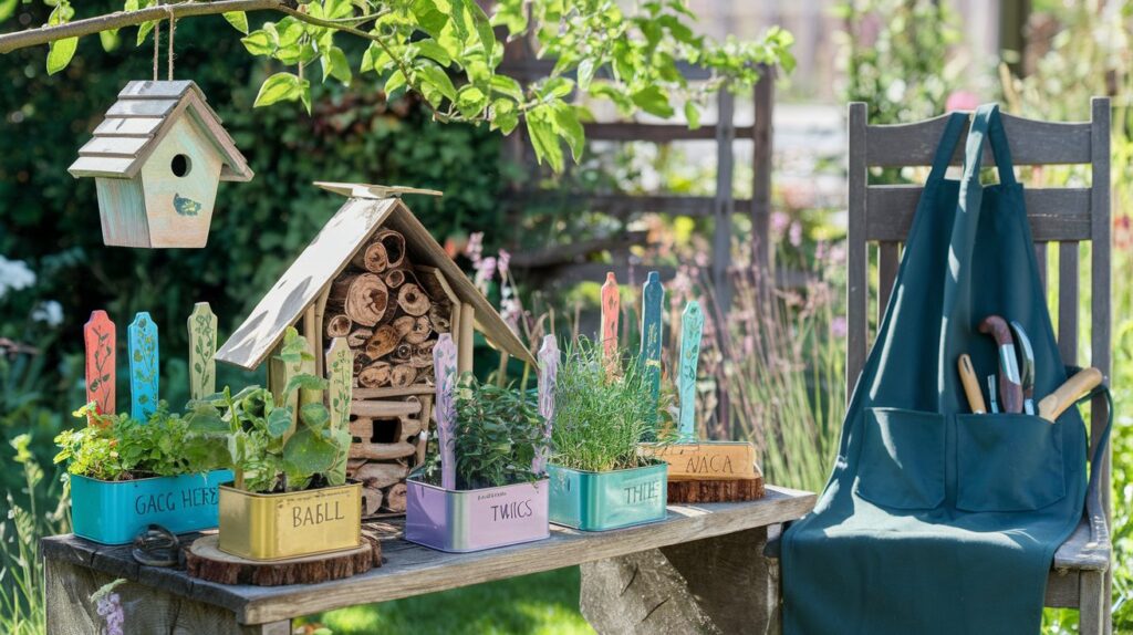 Garden table with DIY gardening gifts: potted herbs, plant labels, insect house, birdhouse, and tools on an apron.