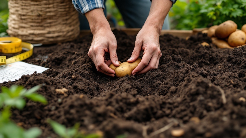 A person planting a potato in rich soil with a basket of potatoes nearby
