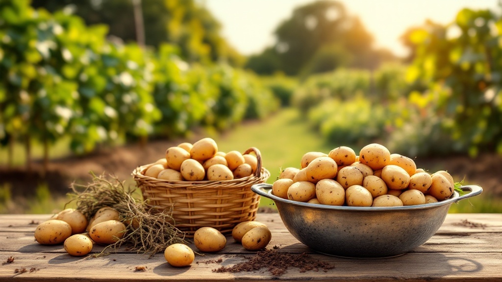 Freshly harvested potatoes in a bowl and basket, set against a green garden background.