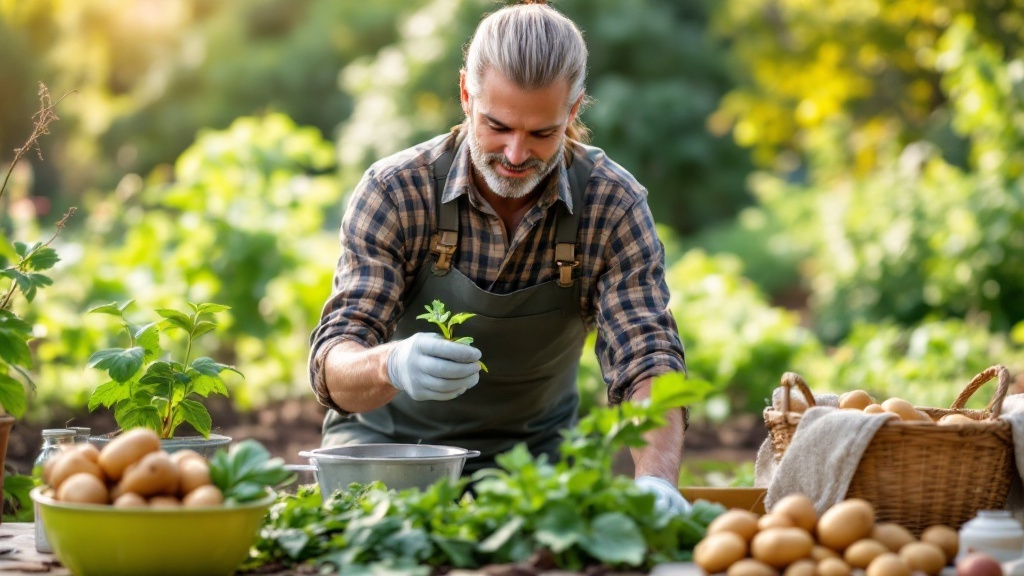 A gardener tending to his potato plants in a garden