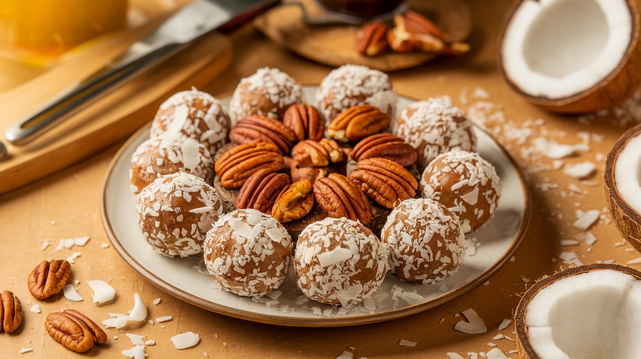 Plate of pecan-coconut energy bites surrounded by pecans and coconut