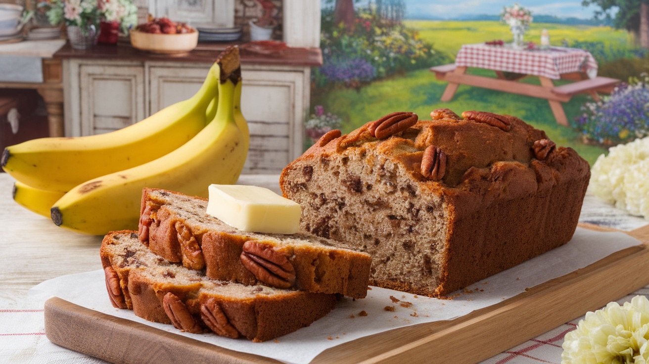 Loaf of pecan banana bread sliced with a pat of butter on top.