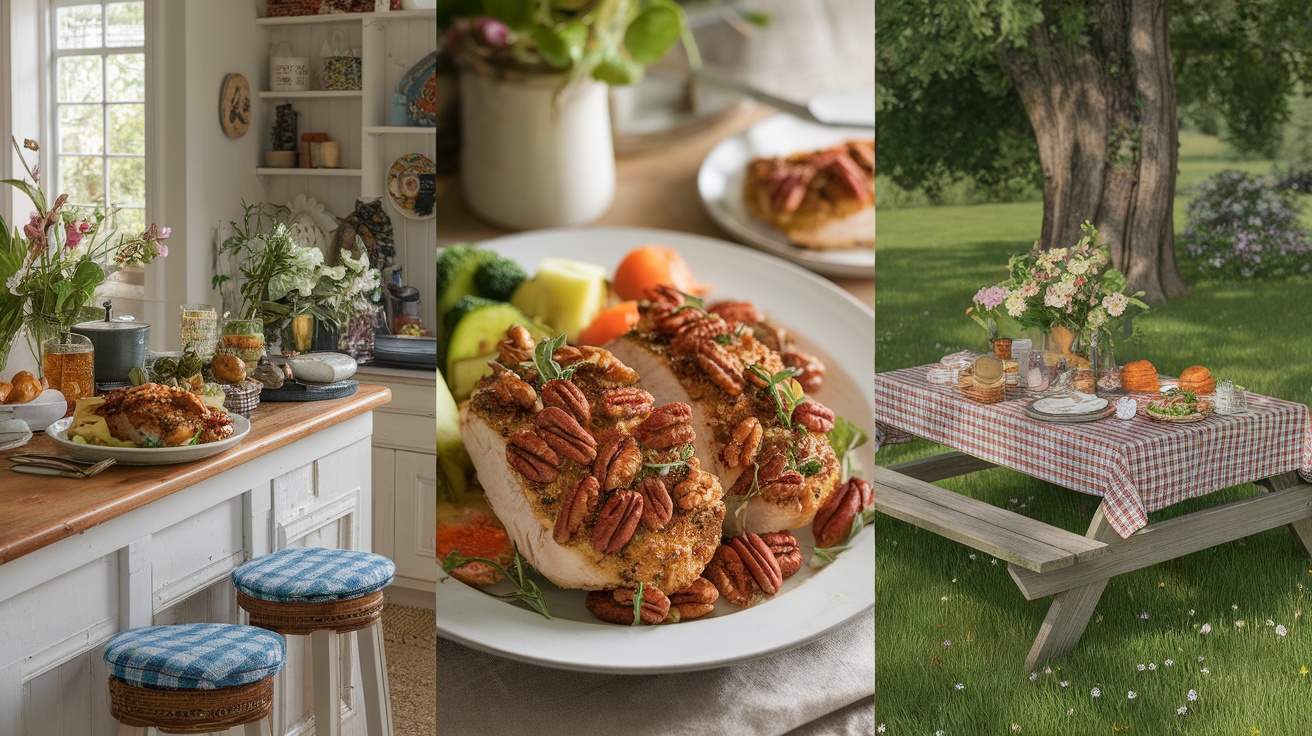 Pecan crusted chicken served with vegetables