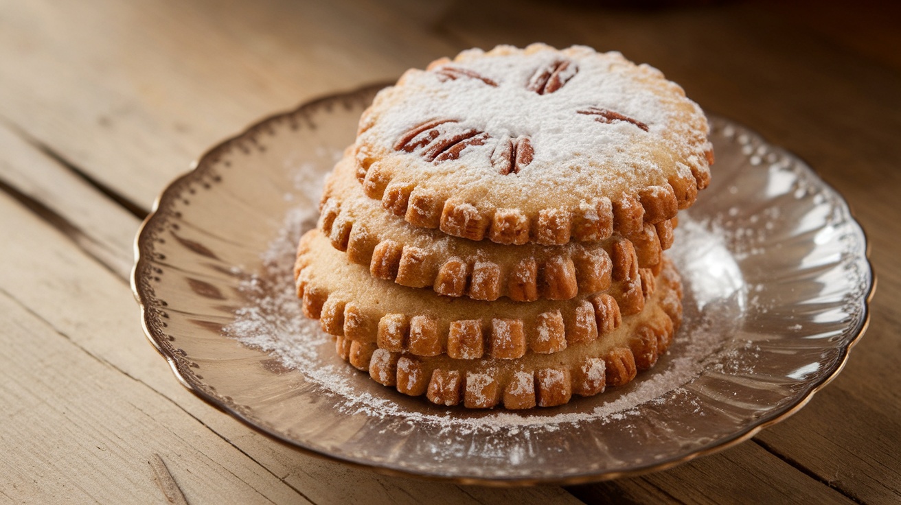 Pecan shortbread cookies on a glass plate with powdered sugar dusting