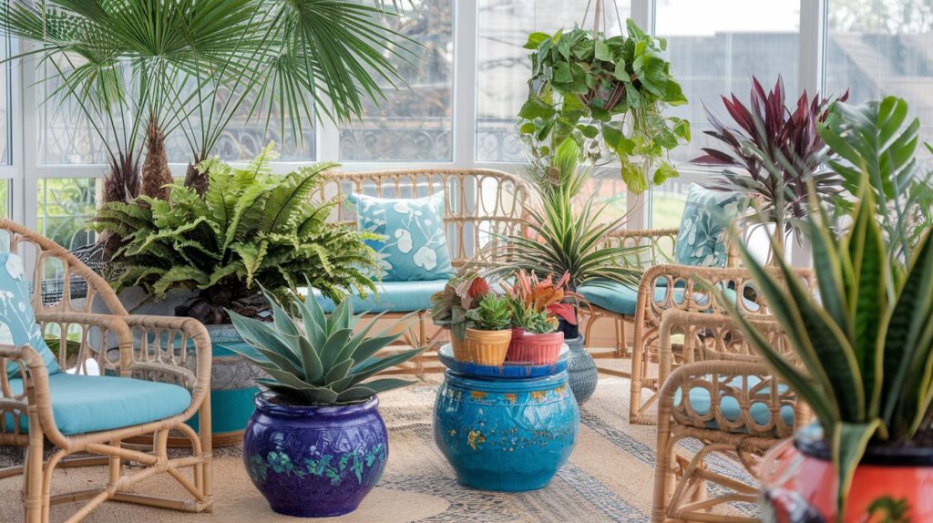 Rattan chairs, blue cushions, and colorful plantsโperfect plants and decor for a serene escape in this sunlit garden room.