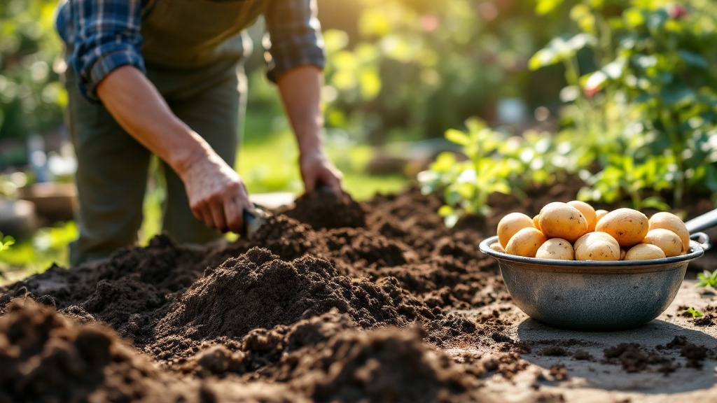 A person preparing soil for planting potatoes, with a bowl of seed potatoes nearby.