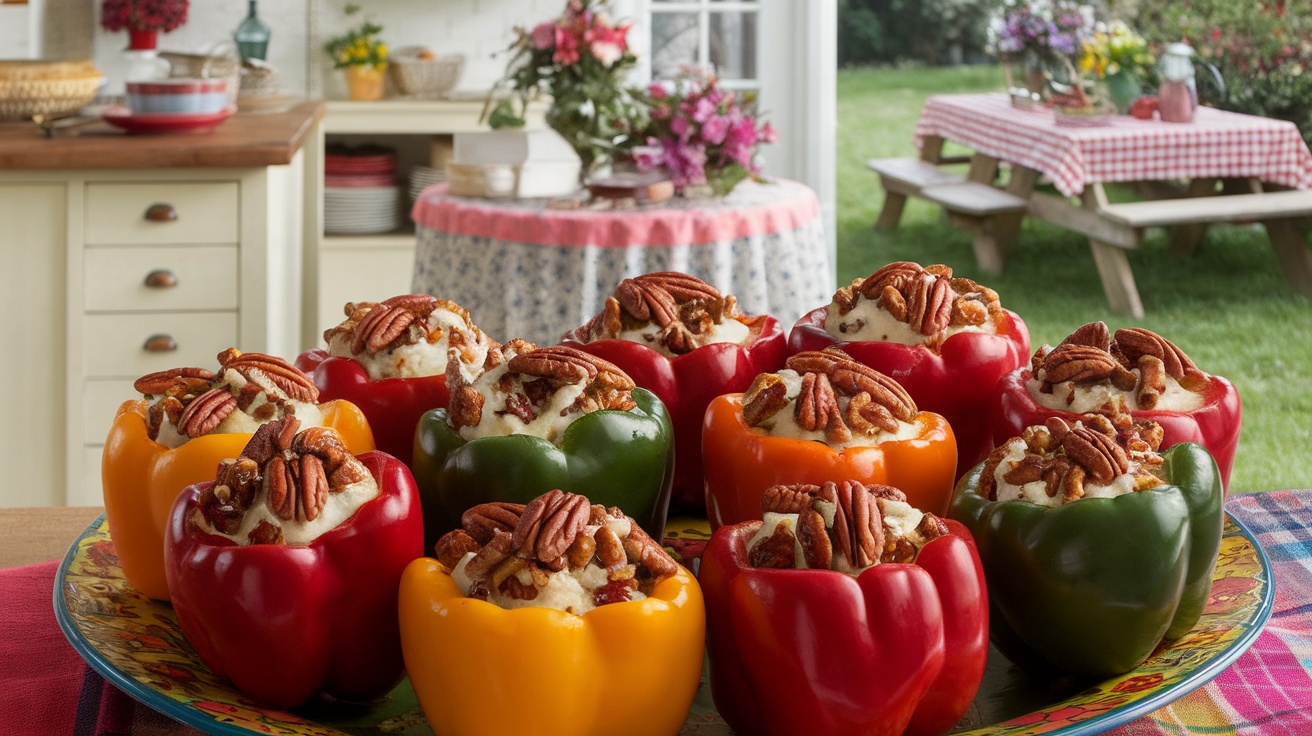 Colorful stuffed peppers filled with cheese and pecans