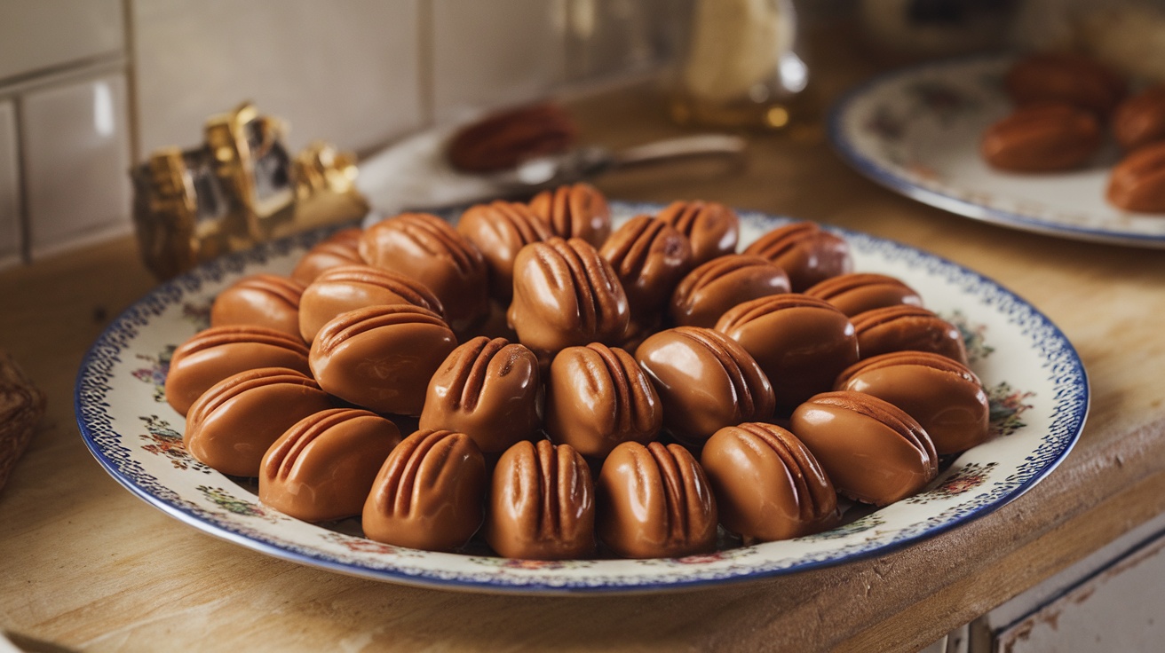 A plate of deliciously shaped southern pecan pralines arranged neatly.