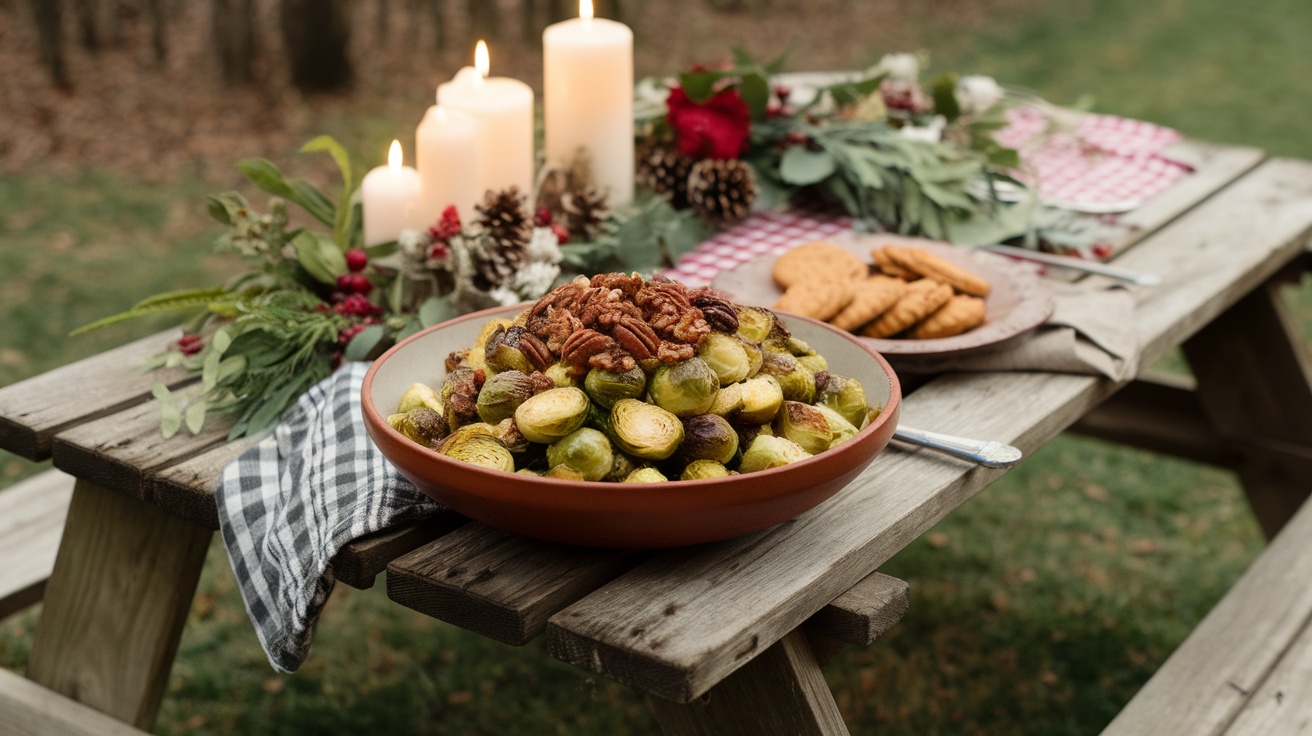 A dish of spicy pecan roasted Brussels sprouts served in a bowl on a picnic table.