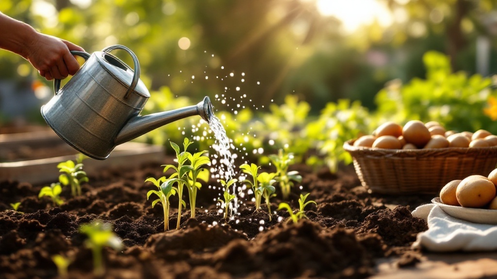 A gardener watering young potato plants with a watering can, with potatoes in a basket in the background.