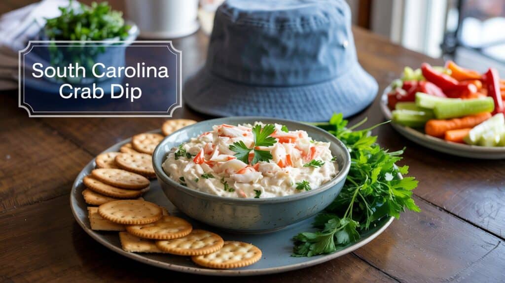 A bowl of South Carolina Crab Dip with herbs, surrounded by crackers, veggies, and parsley on a wooden table.