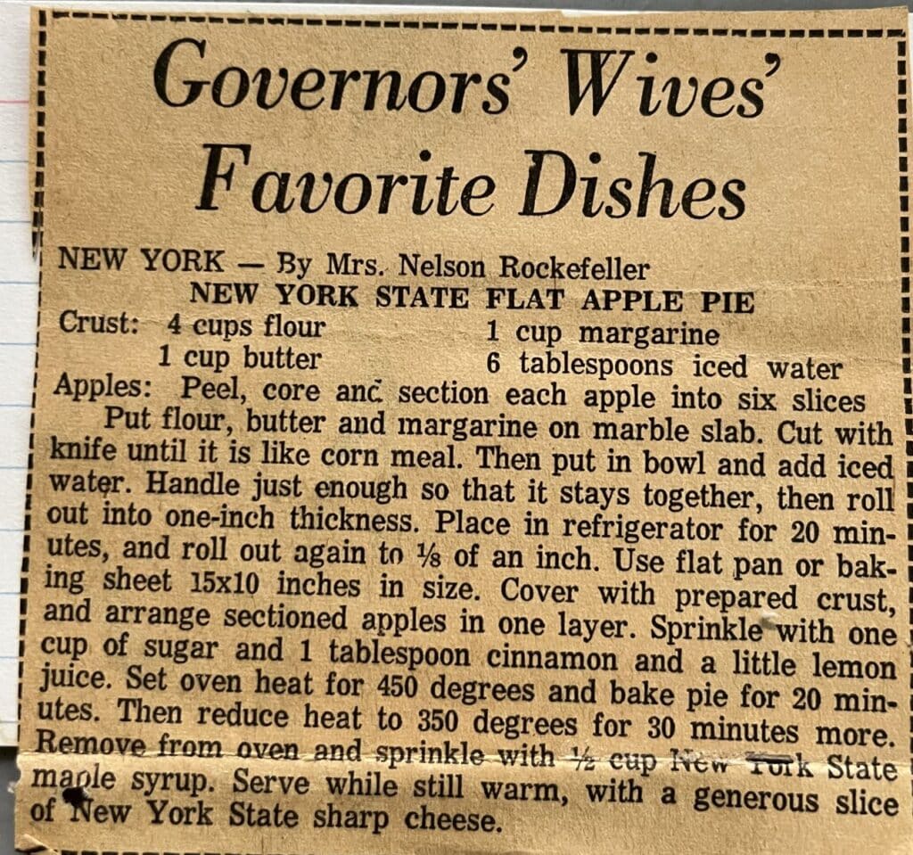 Newspaper clipping of a classic New York State Flat Apple Pie recipe by Mrs. Nelson Rockefeller.