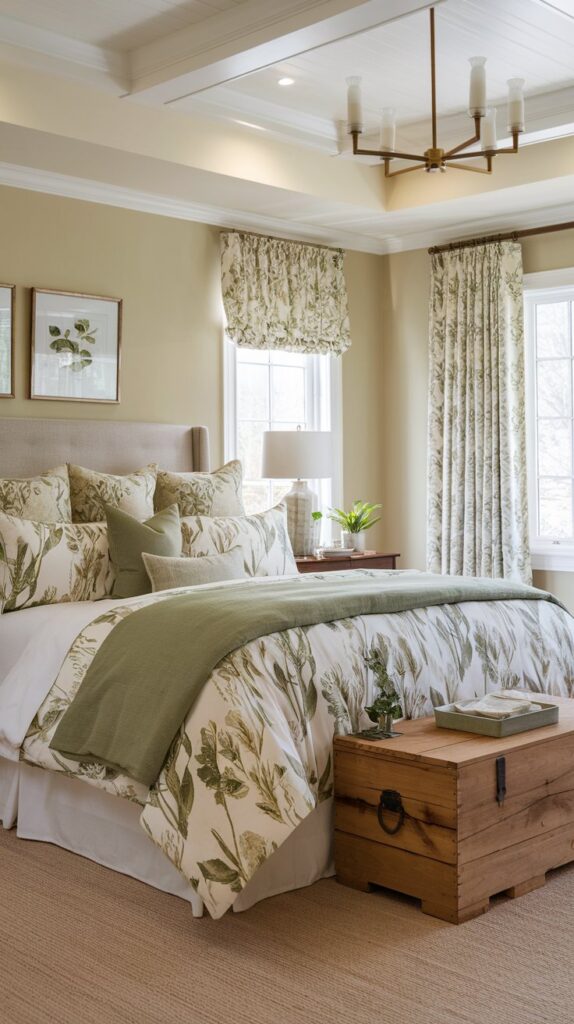 serene sleeping space Sunny bedroom with botanical bedding and floral curtains, perfect for plant-themed bedroom or greenery bedroom ideas.