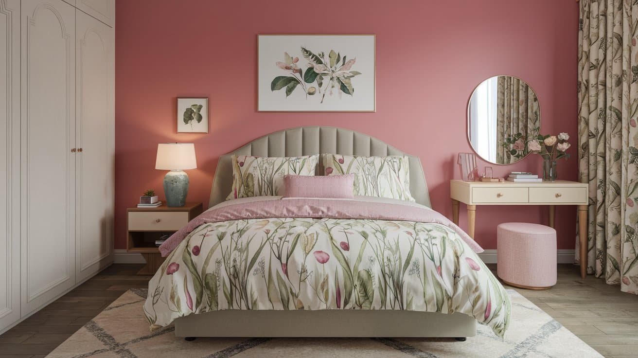 A cozy pink plant-themed bedroom with floral bedding, wall art, a lamp, and a vanity table with a round mirror and flowers.