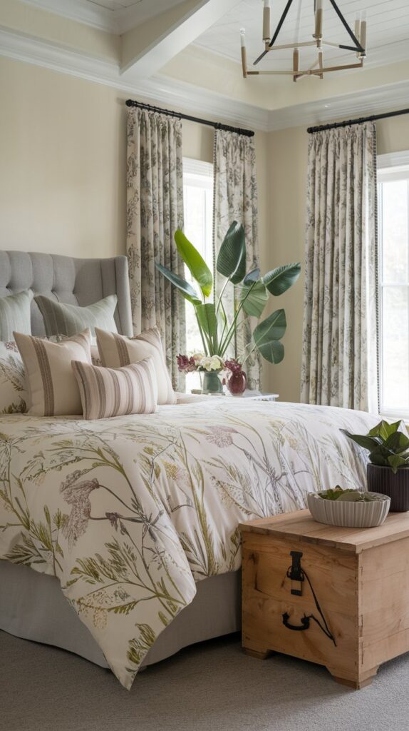 botanical bedding Sunny botanical bedroom inspiration with floral bedding, wood chest, large plant, neutral curtains, and decorative pillows.