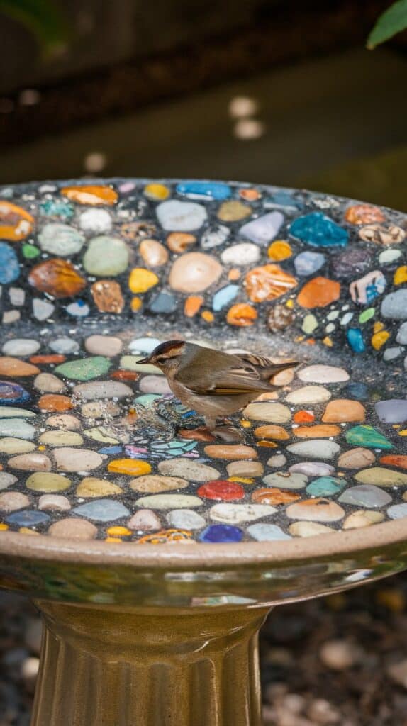 A small brown bird stands in a DIY sea glass and rock mosaic birdbath filled with water, surrounded by pebbles.