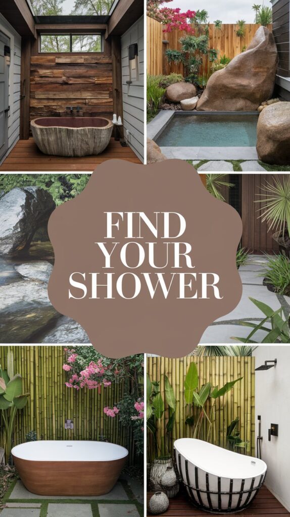 Collage of stylish indoor and outdoor baths and showers with plants and rocks, text reads Find Your Shower.