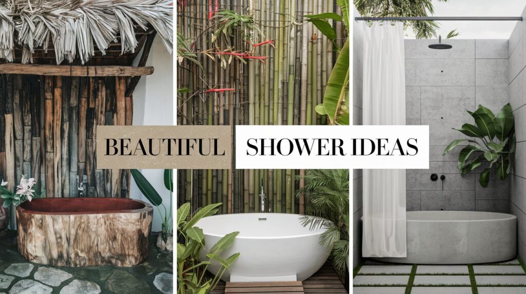 Three stylish Outdoor Baths: a wood bath, bamboo tub, and modern gray shower surrounded by lush green plants.