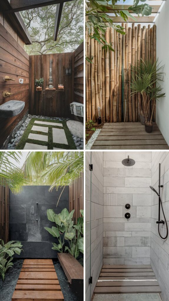 Collage of four outdoor showers and Outdoor Baths featuring wood, bamboo, plants, stone, and modern tile designs.
