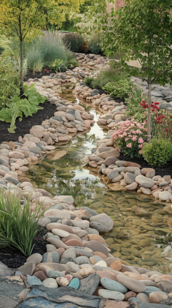 A narrow, clear stream flows between smooth stones and lush plants, showcasing low-maintenance landscaping ideas.