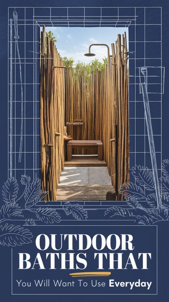 Outdoor Baths: Relax in a unique outdoor shower and bath area with wooden stick walls, a bench, and open blue sky.