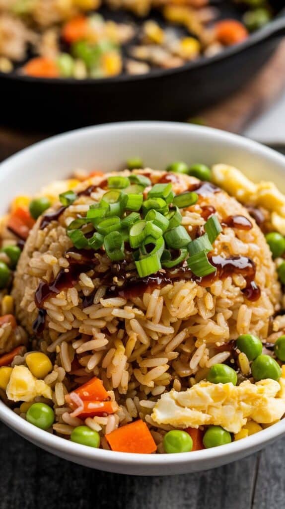 Bowl of fried rice made with a pouch of microwave rice, peas, carrots, corn, scrambled egg, and green onions.