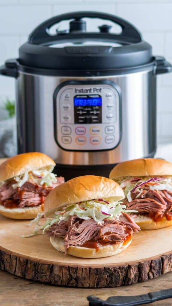 Three pulled pork sandwiches with coleslaw sit on a boardโone of Peak Power Recipes: 5 Energy-Efficient Meals for you.