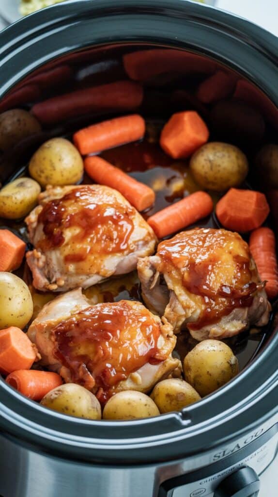 Chicken thighs with sauce, baby potatoes, and carrotsโa Peak Power Recipes energy-efficient slow cooker meal.