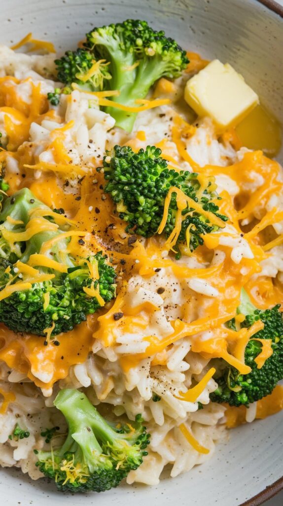Broccoli, cheddar, and butter on creamy rice from a pouch of Microwave Rice Recipes, topped with black pepper.