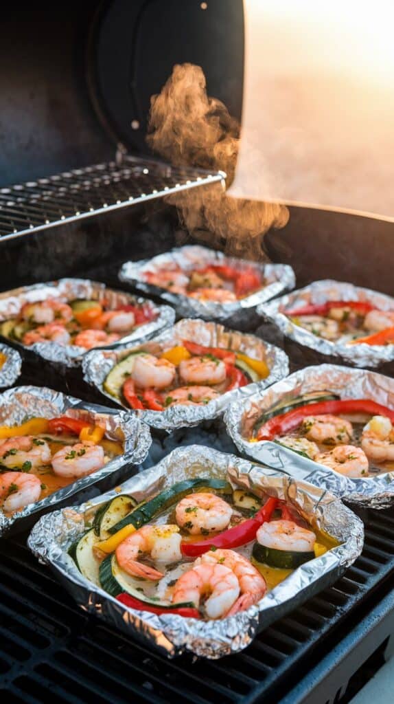 Foil trays with shrimp and herbs grill on a barbecueโone of our Peak Power Recipes: energy-efficient and delicious.