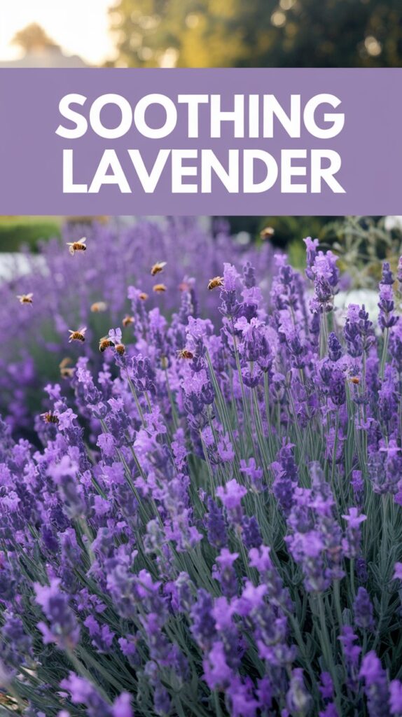 Bees pollinate a vibrant lavender fieldโan inspiration for Low-Maintenance Landscaping IdeasโSOOTHING LAVENDER above.