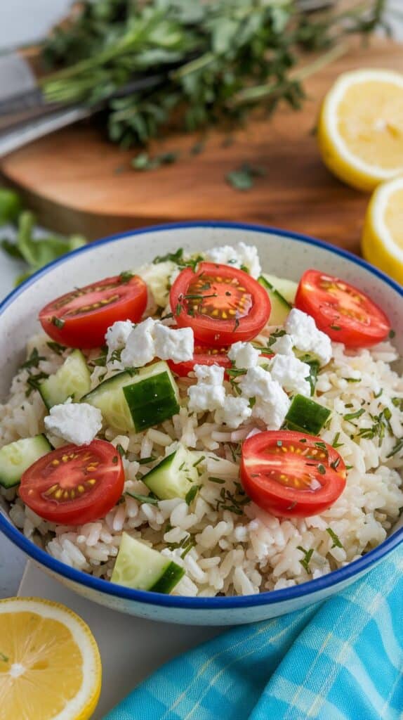 A pouch of microwave rice recipes inspires this bowl topped with cherry tomatoes, cucumber, cheese, herbs, and greens.
