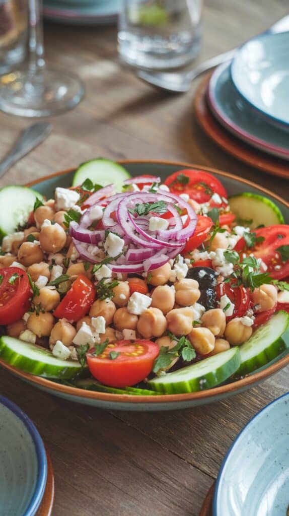 A Peak Power Recipe: Chickpea salad with tomatoes, cucumbers, feta, and olivesโperfect for energy-efficient meals.