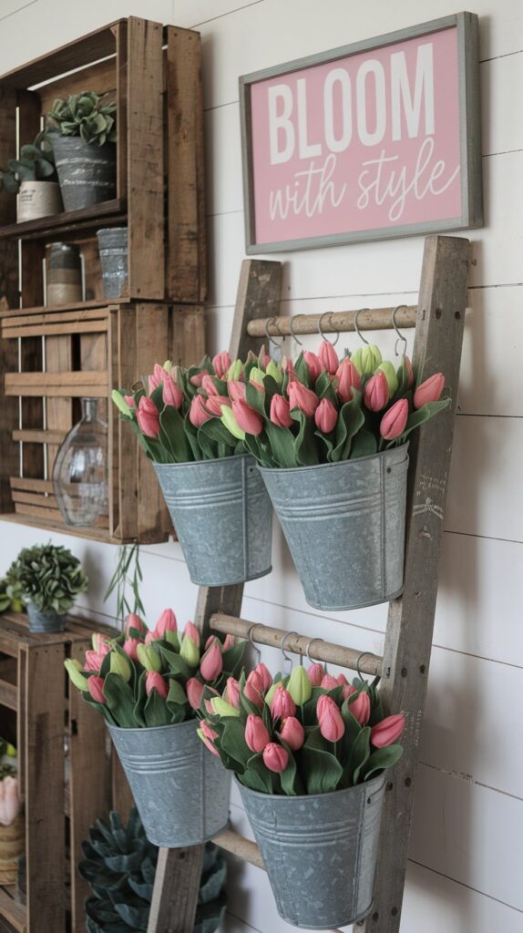 Decorating a front porch for spring on a budget, metal buckets of pink tulips hang on a wooden ladder with rustic charm.