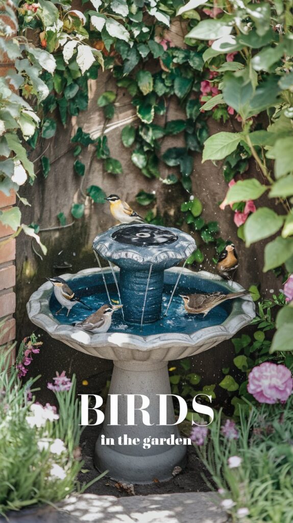 Five small birds perch and drink on a blue birdbathโperfect for low-maintenance landscaping ideas with lush blooms.