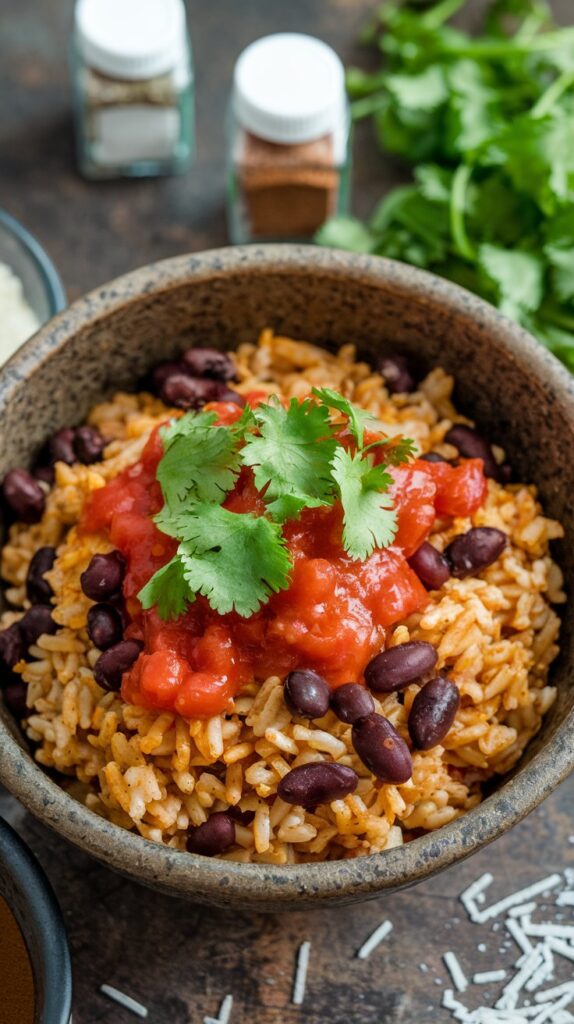 A bowl of seasoned rice from pouch of microwave rice recipes, black beans, salsa, and fresh cilantro on top.