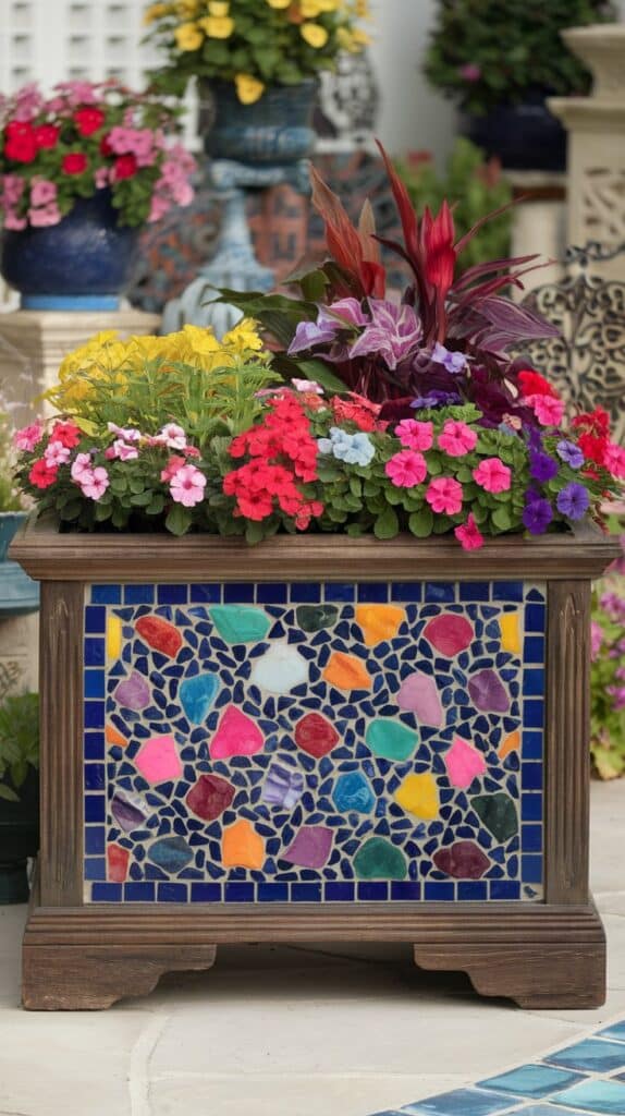 A colorful DIY sea glass and rock mosaic planter box brims with blooms, surrounded by potted plants outdoors.