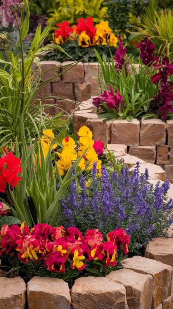 Tiered stone garden beds showcase vibrant blooms, offering stunning and low-maintenance landscaping ideas.