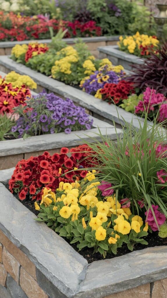 Tiered stone garden beds with vibrant flowers and grasses offer beautiful, low-maintenance landscaping ideas.